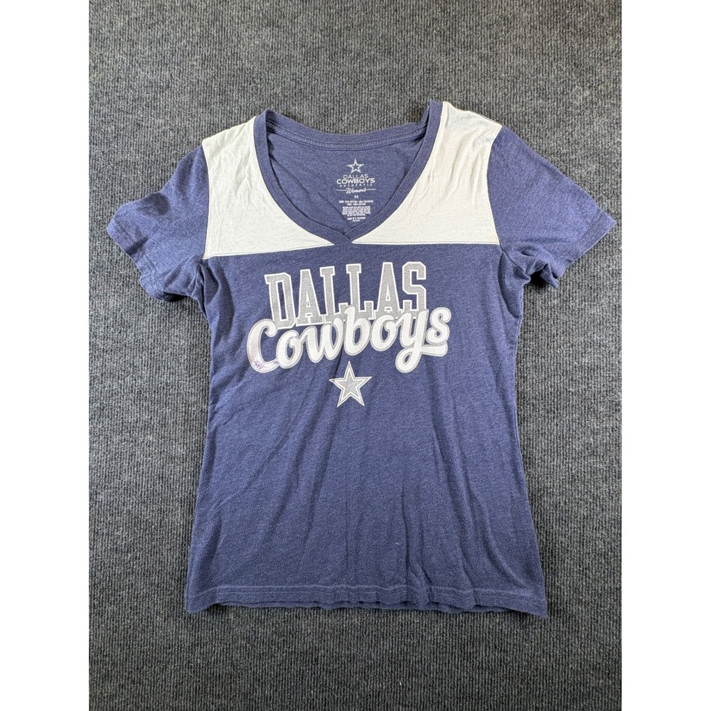 Dallas Cowboys Authentic Womens Navy Blue White V-Neck Graphic T-Shirt Size M